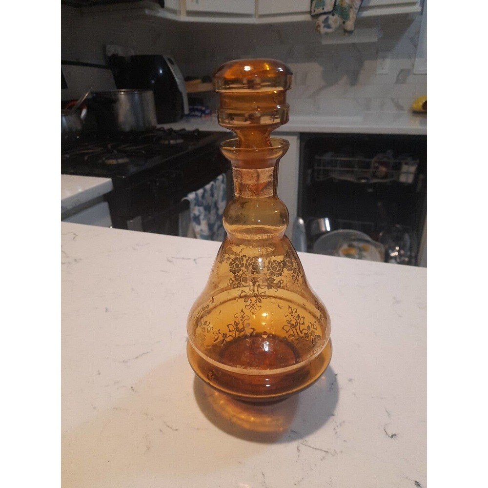 Amber Decanter With Gold Accents Made In Italy